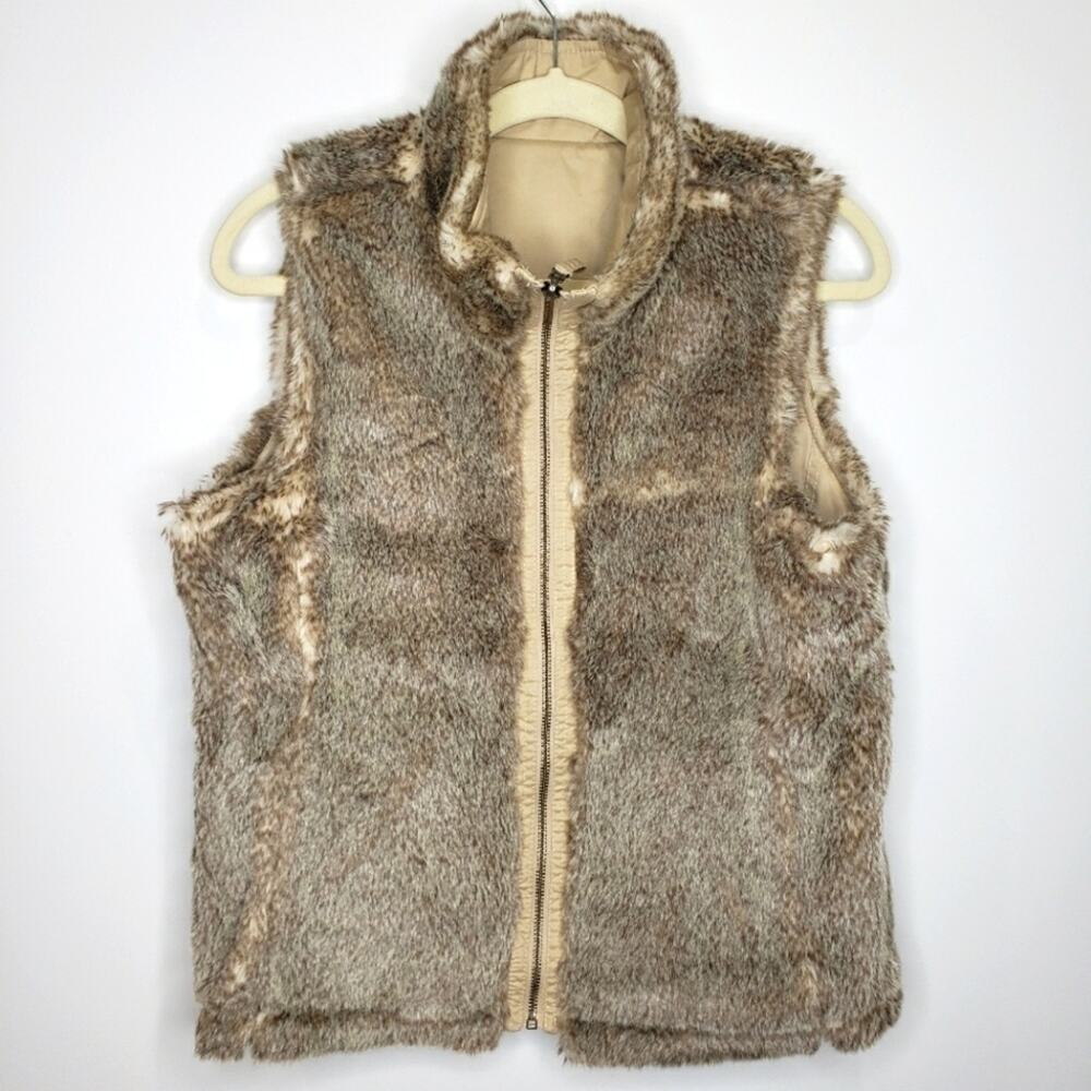 Old Navy Faux Fur Reversible Vest with Khaki Side with Pockets Small - Picture 1 of 10